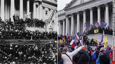 Left: President Abraham Lincoln speaks during his inauguration in 1865. Right: Rioters swarm the Capitol on January 6, 2021.