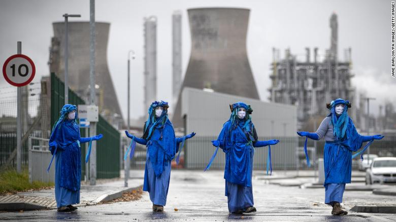 Activists from Extinction Rebellion Scotland stage a blockade on the road outside the Ineos oil refinery at Grangemouth.