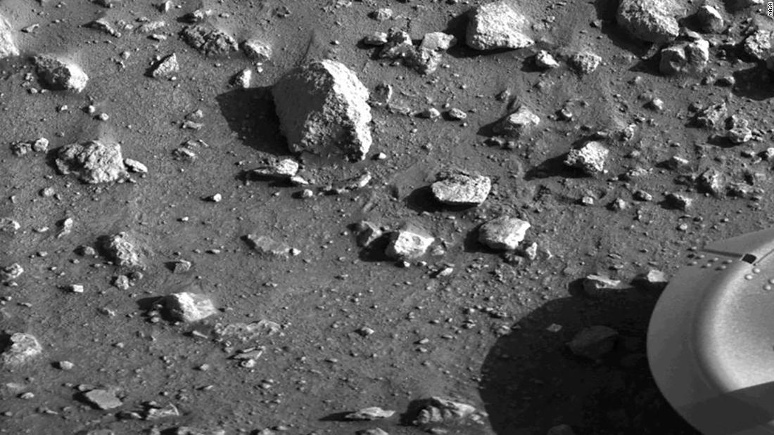 Taken by the Viking 1 lander shortly after it touched down on Mars, this image is the first photograph ever taken from the surface of Mars. It was taken on July 20, 1976.