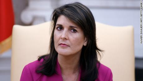 Nikki Haley, the United States Ambassador to the United Nations looks on during a meeting with US President Donald Trump speaks in the Oval office of the White House October 9, 2018 in Washington, DC. - Nikki Haley resigned Tuesday as the US ambassador to the United Nations, in the latest departure from President Donald Trump&#39;s national security team. Meeting Haley in the Oval Office, Trump said that Haley had done a &quot;fantastic job&quot; and would leave at the end of the year. (Photo by Olivier Douliery / AFP) (Photo by OLIVIER DOULIERY/AFP via Getty Images)