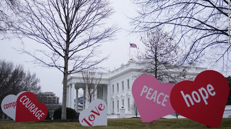 Valentine&#39;s Day messages decorate the North Lawn of the White House in Washington, DC on February 12, 2021.