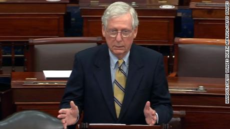 WASHINGTON, DC - FEBRUARY 13: In this screenshot taken from a congress.gov webcast, Minority leader Sen. Mitch McConnell (R-KY) responds after the Senate voted 57-43 to acquit on the fifth day of former President Donald Trump&#39;s second impeachment trial at the U.S. Capitol on February 13, 2021 in Washington, DC. House impeachment managers had argued that Trump was &quot;singularly responsible&quot; for the January 6th attack at the U.S. Capitol and he should be convicted and barred from ever holding public office again. (Photo by congress.gov via Getty Images)