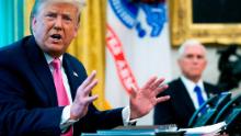 WASHINGTON, DC - JULY 20: U.S. President Donald Trump talks to reporters with Vice President Mike Pence in the Oval Office at the White House July 20, 2020 in Washington, DC. Trump hosted Republican Congressional leaders and members of his cabinet to talk about a proposed new round of financial stimulus to help the economy during the ongoing global coronavirus pandemic.  (Photo by Doug Mills-Pool/Getty Images)