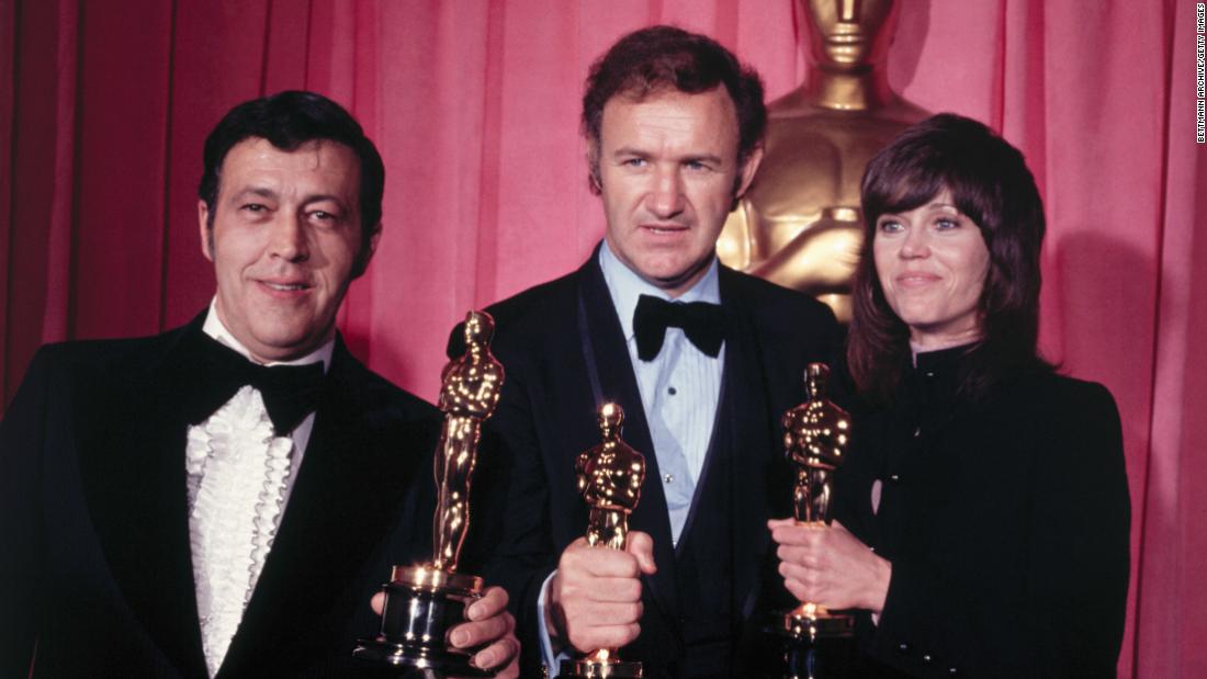 In 1972, Fonda won the Academy Award for best actress. She won for her role in the movie &quot;Klute.&quot; Here, she holds her Oscar with fellow winners Philip D&#39; Antoni, left, and Gene Hackman.