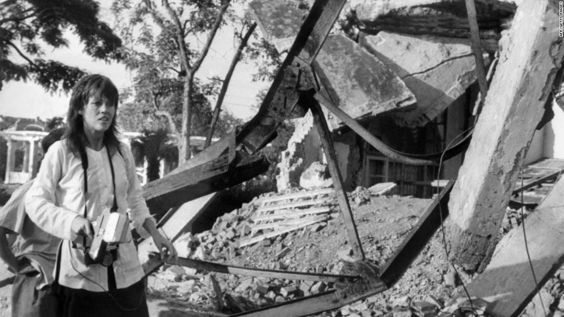 Fonda visits a site in North Vietnam that had been bombed by US airplanes. During her two-week trip in 1972, she also posed with members of the Viet Cong, met with American prisoners of war and denounced &quot;US imperialism.&quot; After the trip, some criticized her and gave her the nickname &quot;Hanoi Jane.&quot;