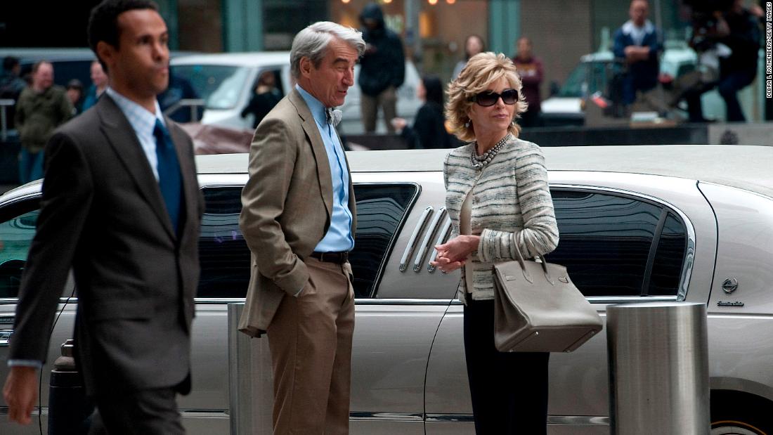 Fonda and Sam Waterston film a scene for the TV show &quot;The Newsroom&quot; in 2012.