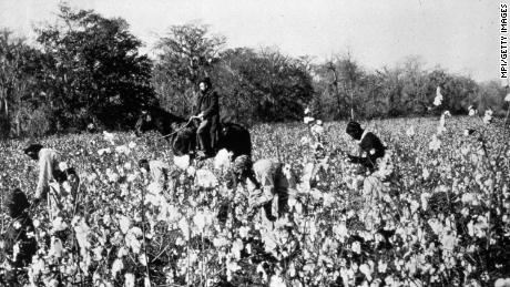 An overseer riding past cotton pickers in a field in the southern states of America, circa 1850.   