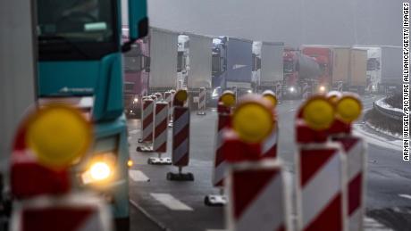 Trucks are stuck in a traffic jam near the German-Czech border. 