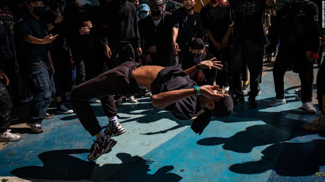 Young people in Yangon take part in an anti-coup hip-hop performance on February 14.