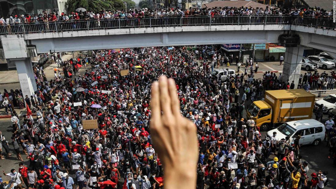 A rally takes place in Yangon on February 7.