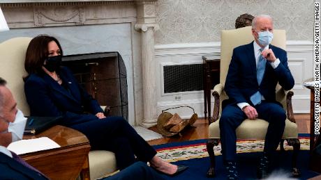 WASHINGTON, DC - FEBRUARY 01: U.S. President Joe Biden (Center R) and Vice President Kamala Harris (Center L) meet with 10 Republican senators, including Mitt Romney (R-UT), Bill Cassidy (R-LA) and Susan Collins (R-ME), in the Oval Office at the White House February 01, 2021 in Washington, DC. The senators requested a meeting with Biden to propose a scaled-back $618 billion stimulus plan in response to the $1.9 trillion coronavirus relief package Biden is currently pushing in Congress. (Photo by Doug Mills-Pool/Getty Images)