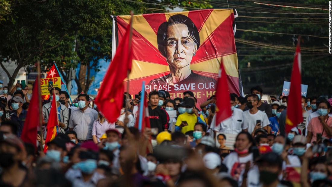 A Suu Kyi banner is displayed during demonstrations in Yangon on February 15.