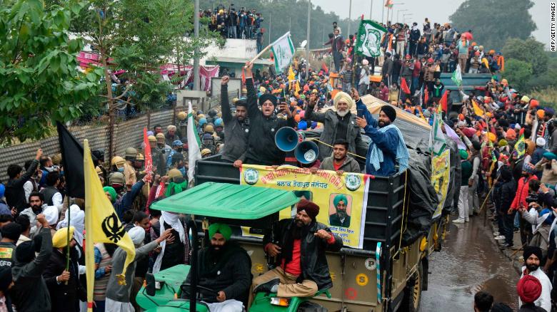 Farmers march to India&#39;s capital New Delhi to protest against the central government&#39;s recent agricultural reforms, in Ambala on November 26, 2020.