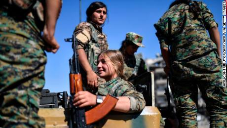 Women of YPJ gather to mark the end of the fight against ISIS in Raqqa. 