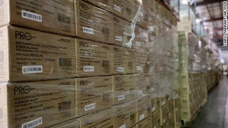 This Friday, Feb. 5, 2021 photo provided by Prestige Ameritech shows boxes of the company&#39;s N95 masks in warehouse storage at North Richland Hills, Texas, outside of Fort Worth. (Chris Tarrant/Prestige Ameritech via AP)