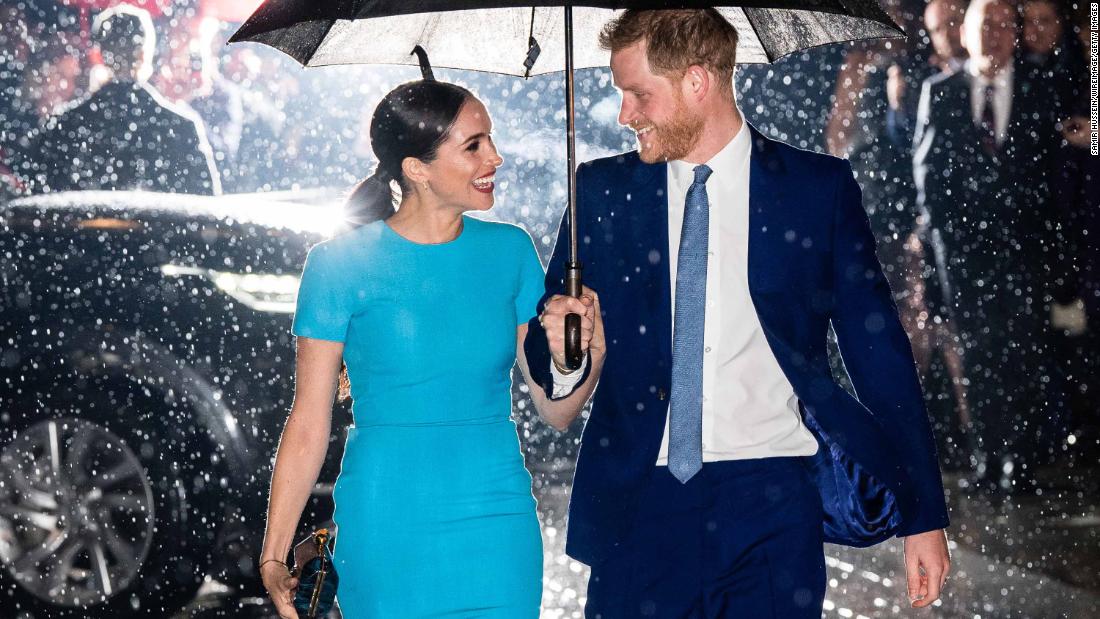 Britain&#39;s Prince Harry and his wife Meghan, Duchess of Sussex, attend the Endeavour Fund Awards in London in March 2020.