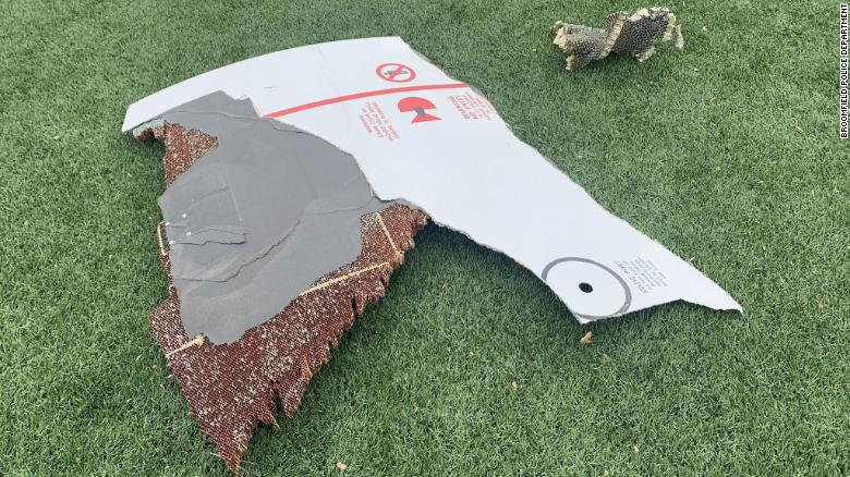 Aircraft debris from a United Airlines flight on a soccer field in Broomfield, Colorado, on Saturday, February 20.