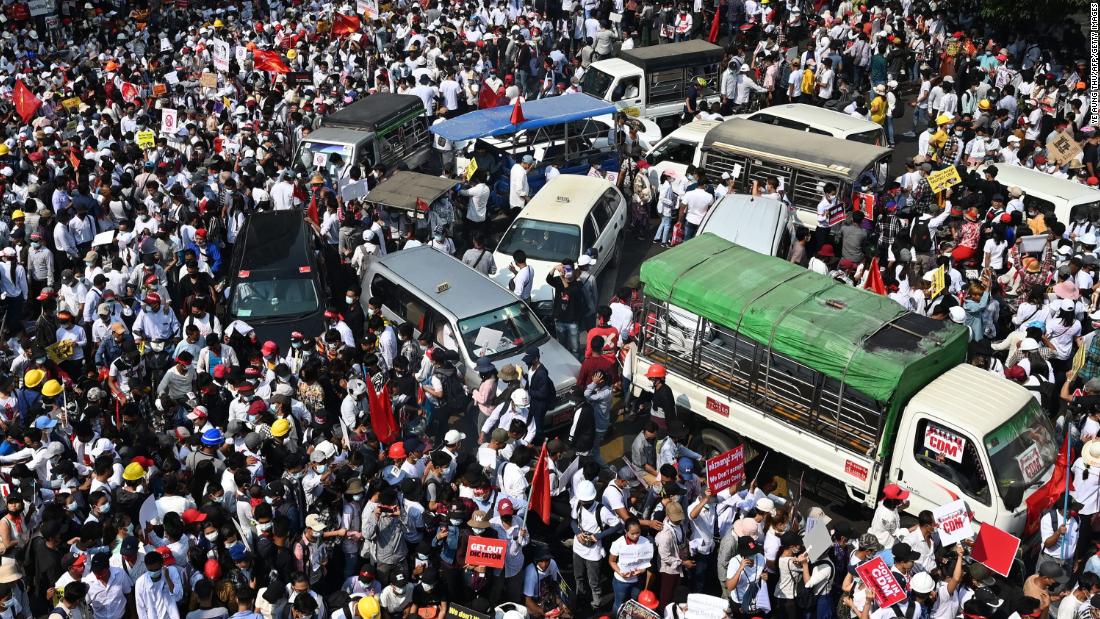 Protesters gather for a demonstration on February 22.