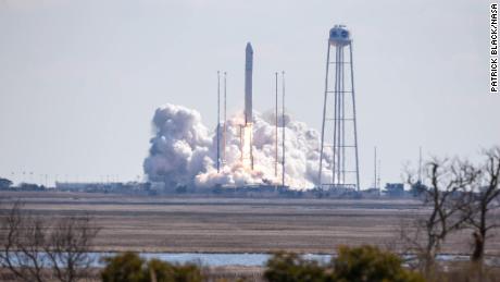The Northrop Grumman Antares rocket, with a Cygnus resupply spacecraft aboard, launches from NASA&#39;s Wallops Flight Facility in Virginia on February 20, 2021. 