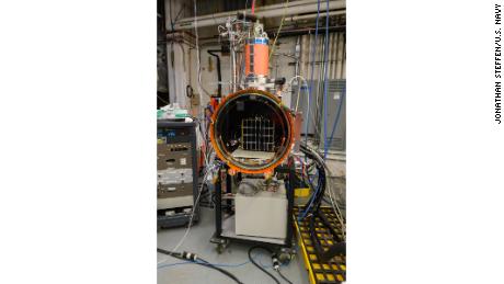 The Photovoltaic Direct Current to Radio Frequency Antenna Module (PRAM) sits inside thermal vacuum chamber during testing at the US Naval Research Laboratory in Washington, DC.