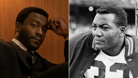 Actor Aldis Hodge, left, as football star Jim Brown.