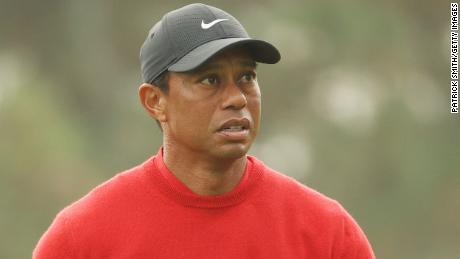 AUGUSTA, GEORGIA - NOVEMBER 15: Tiger Woods of the United States looks on from the third tee during the final round of the Masters at Augusta National Golf Club on November 15, 2020 in Augusta, Georgia. (Photo by Patrick Smith/Getty Images)