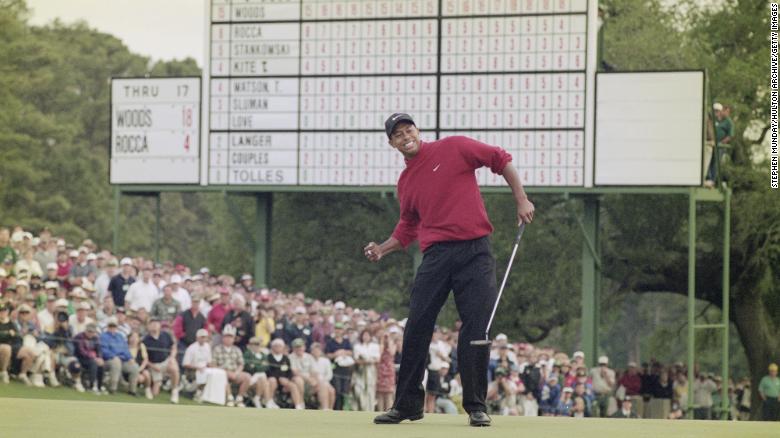 Tiger Woods of the United States celebrates after sinking a 4 feet putt to win the 1997 US Masters Golf Tournament in Augusta, Georgia, United States. 