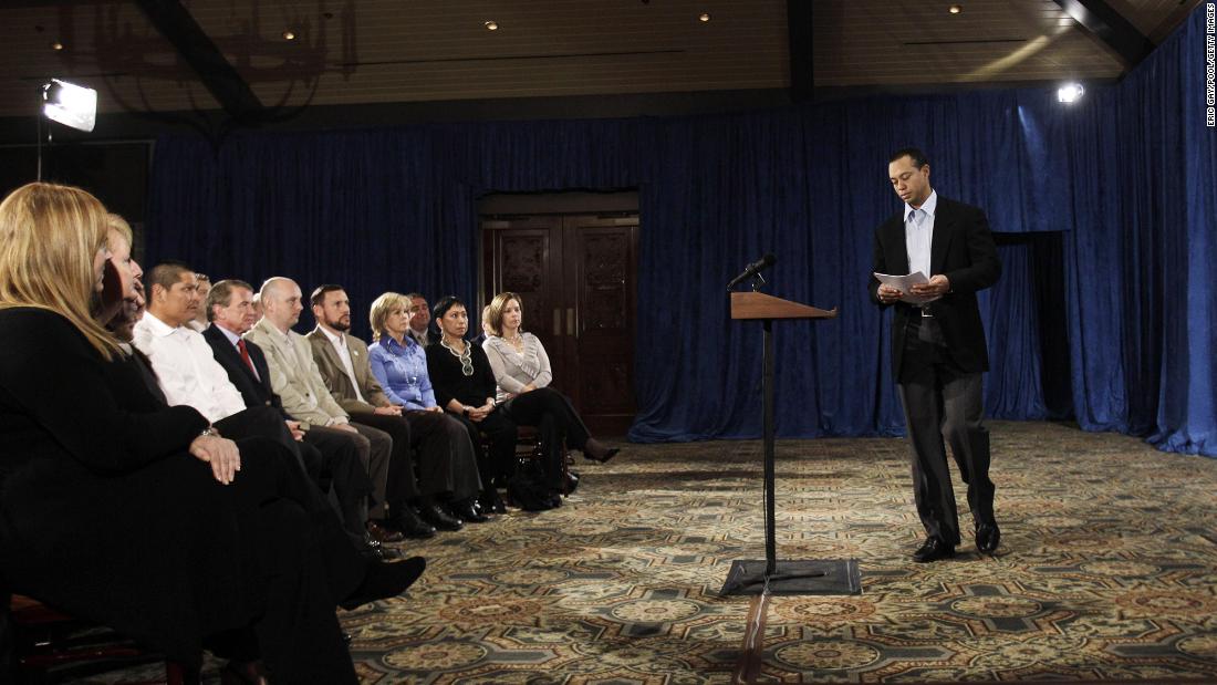 Woods approaches a lectern before giving a televised statement in February 2010. &lt;a href=&quot;https://www.cnn.com/2010/US/02/19/tiger.woods/index.html&quot; target=&quot;_blank&quot;&gt;Woods apologized for being unfaithful to his wife&lt;/a&gt; and letting down both fans and family. &quot;I had affairs, I cheated,&quot; he said. &quot;What I did was not acceptable, and I am the only person to blame.&quot; It was his first public appearance since being hospitalized a couple months earlier following a car crash outside his home. Woods said he was in therapy for &quot;issues,&quot; which he did not explain. He and his wife divorced in August 2010.