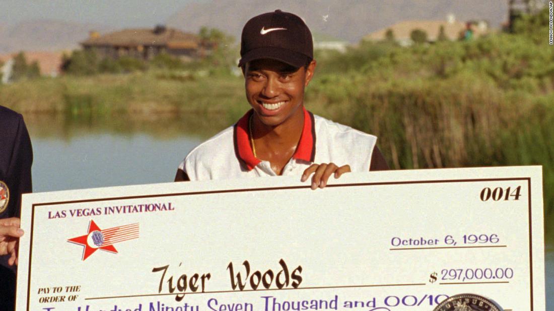 Woods turned professional in August 1996, and it didn&#39;t take long for him to win his first tournament. Six weeks after he announced he was going pro — with a famous &quot;Hello, world&quot; ad campaign for Nike — Woods won the Las Vegas Invitational. That earned him this big check, a two-year exemption on the PGA Tour and a spot in the following year&#39;s Masters tournament.