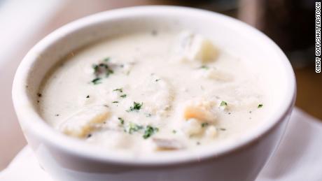 Classic New England clam chowder combines a thick base with starchy potatoes.
