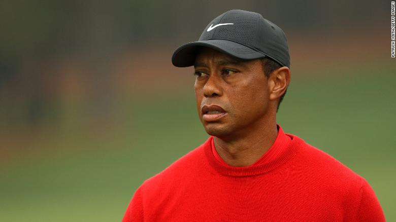 Tiger Woods of the United States looks on after a shot on the second hole during the final round of the Masters at Augusta National Golf Club in 2020.