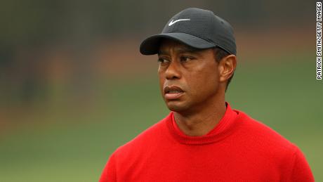 Tiger Woods of the United States is looking for a hold on the second hole during the final round of the Masters at Augusta National Golf Club in 2020.