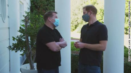 Prince Harry and James Corden outside the house from &quot;The Fresh Prince of Bel-Air.&quot;