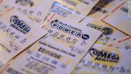 Multiple North Carolina Powerball and Mega Millions lottery tickets are seen in October 2018.