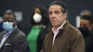 New York Gov. Andrew Cuomo speaks during a news conference at a COVID-19 vaccination site in the Brooklyn borough of New York, Monday, Feb. 22, 2021. (AP Photo/Seth Wenig, Pool)