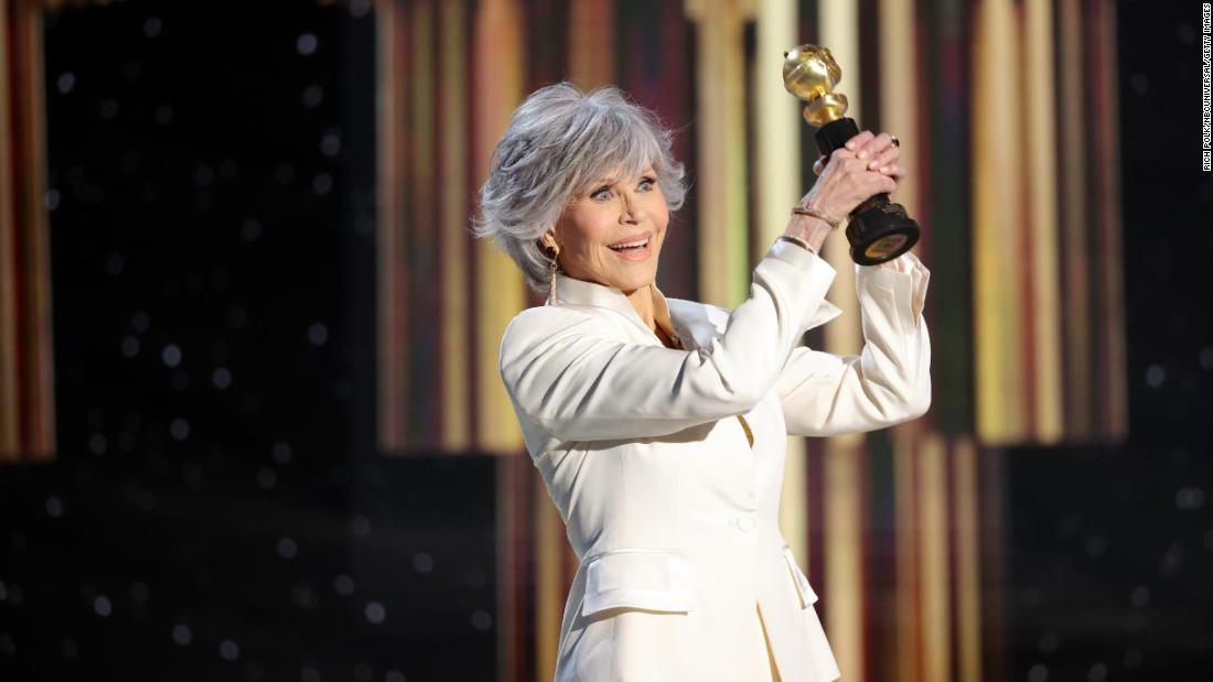 Fonda accepts the Cecil B. DeMille Award during the Golden Globes in February 2021.