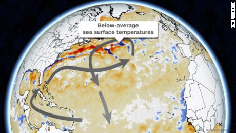 Current sea surface temperature departures from normal indicate the cold pool in parts of the North Atlantic Ocean. The arrows show the general Atlantic Meridional Overturning Circulation. 