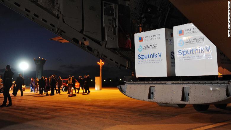 A shipment of Russia&#39;s Sputnik V vaccine sits on the tarmac at an airport in Slovakia on March 1. 