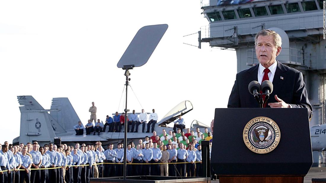 Bush, speaking from the USS Abraham Lincoln in May 2003, announced that &quot;major combat operations&quot; had ended in Iraq. A banner on the aircraft carrier said &quot;mission accomplished,&quot; drawing criticism because the war in Iraq was still far from over. Bush never said the words &quot;mission accomplished&quot; in his speech -- he actually said &quot;our mission continues&quot; -- but the President later expressed regret about speaking in front of the banner.