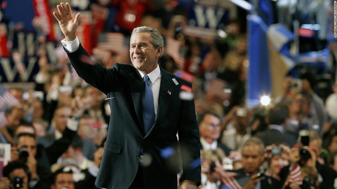 Bush waves after addressing delegates at the Republican National Convention in 2004.