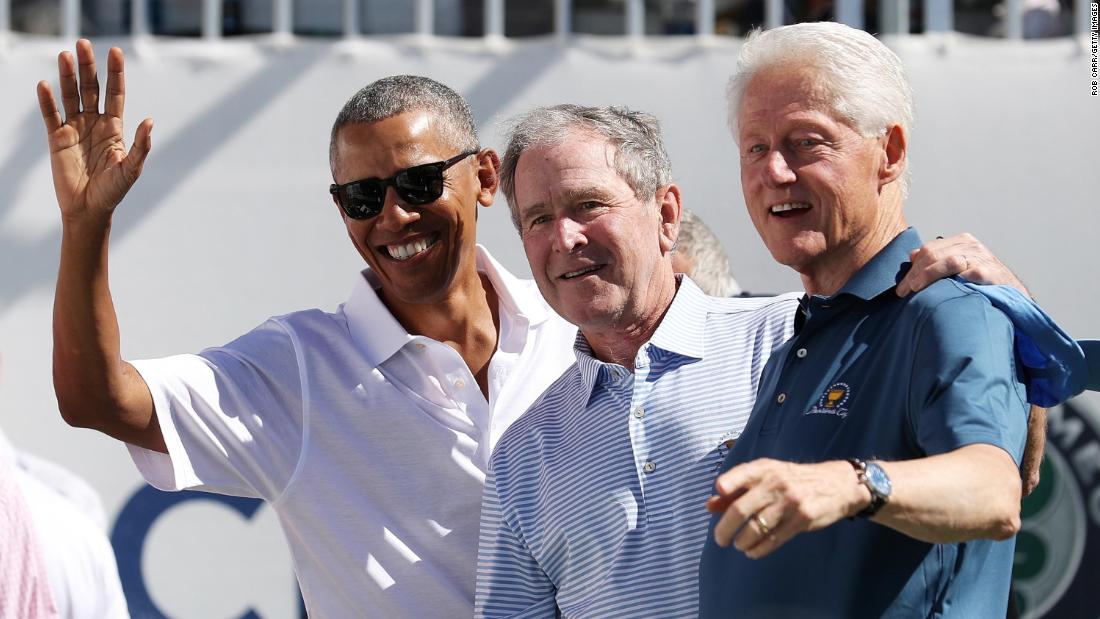 Former Presidents Obama, Bush and Clinton attend the Presidents Cup golf event in Jersey City, New Jersey, in 2017.