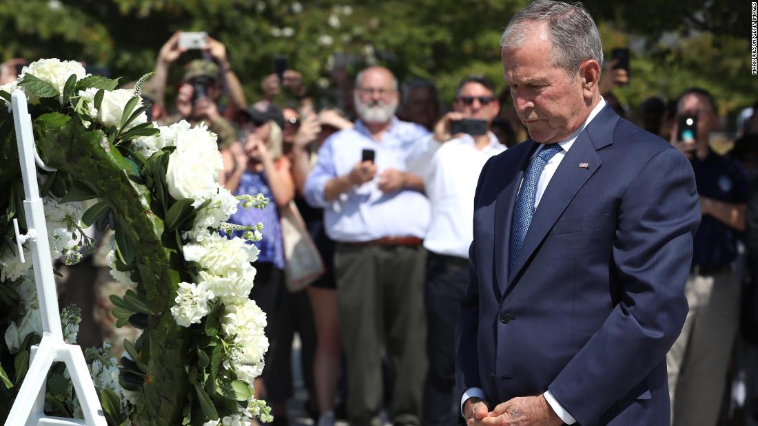 Bush participates in a wreath-laying ceremony at the 9/11 Pentagon Memorial in 2019.