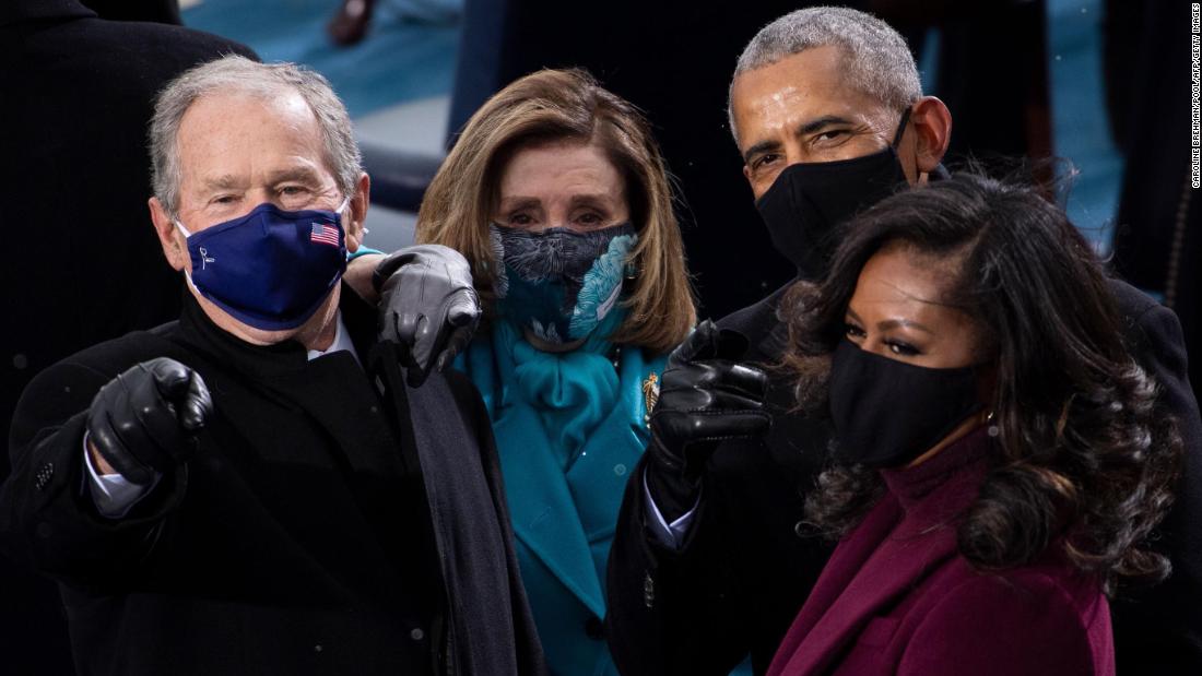 Bush is joined by the Obamas and House Speaker Nancy Pelosi at Biden&#39;s inauguration.