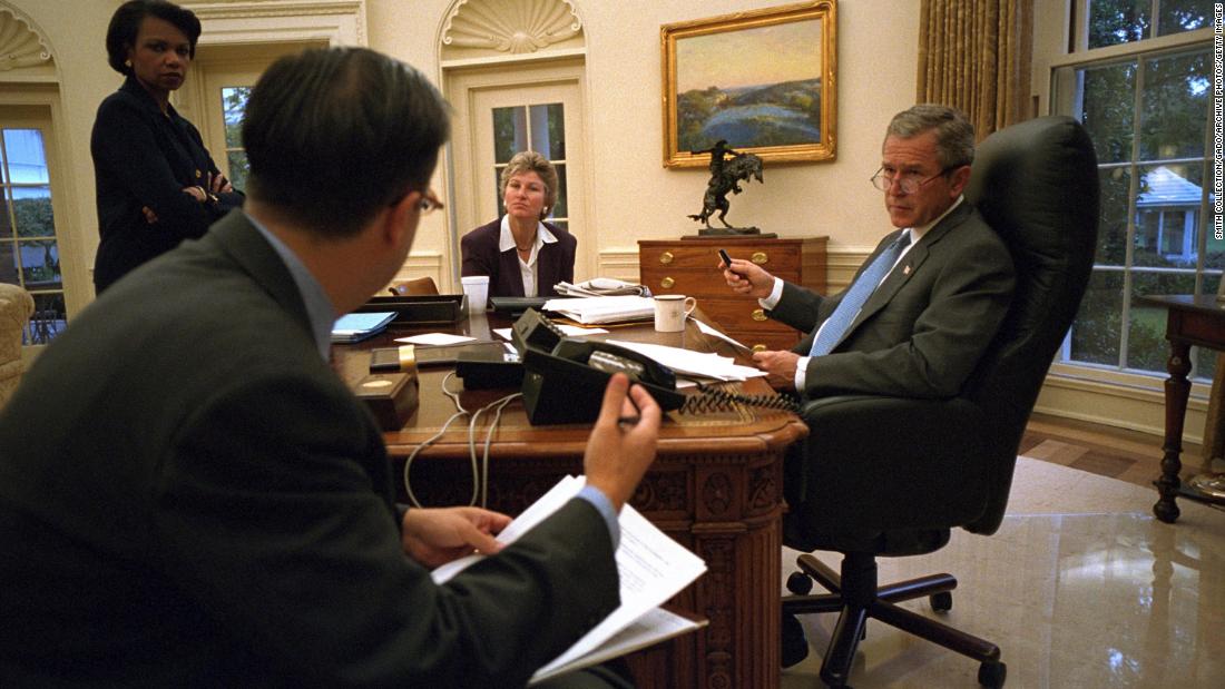 Bush works on another address to the nation with National Security Adviser Condoleezza Rice, speechwriter Mike Gerson and presidential counselor Karen Hughes on September 20, 2001.