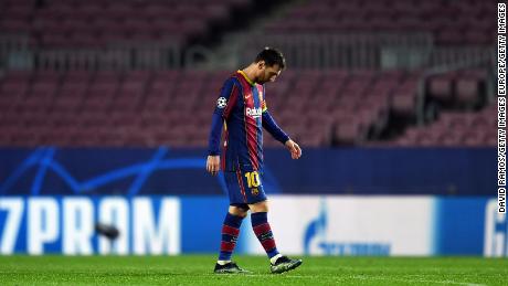 Lionel Messi trudges off after Barcelona&#39;s recent hammering at the hands of PSG.