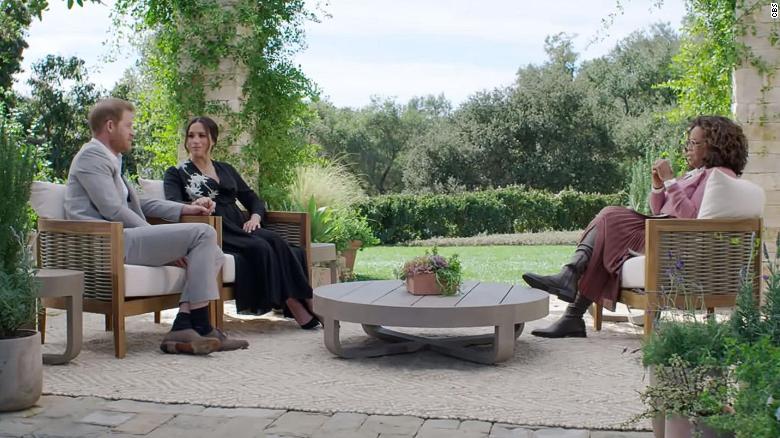 Prince Harry and Meghan, Duchess of Sussex, are pictured during the interview with Oprah Winfrey.