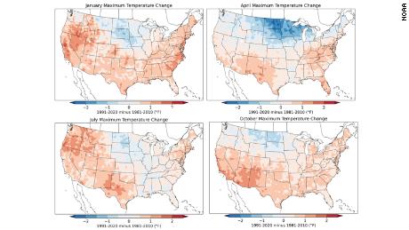 This preliminary set of maps from NOAA show the change in maximum temperature in the peak of each season between the old climate normals (1981-2010) and the new climate normals (1991-2020).