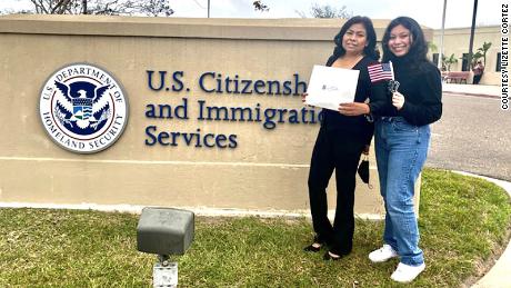 Carolina Cortez, left, and her daughter Lizette right after her US citizenship oath ceremony on February 6.