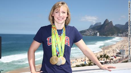 Katie Ledecky poses with her Olympic medals in Rio. 