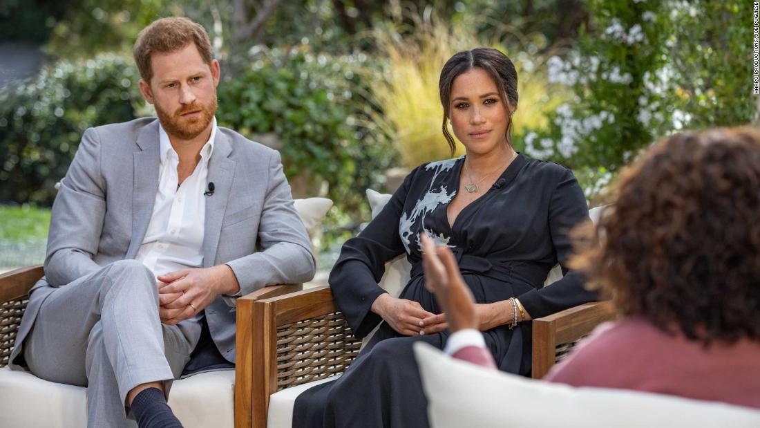Britain&#39;s Prince Harry and his wife Meghan, the Duchess of Sussex, are pictured during an &lt;a href=&quot;https://www.cnn.com/2021/03/07/uk/oprah-harry-meghan-interview-intl-hnk/index.html&quot; target=&quot;_blank&quot;&gt;interview with Oprah Winfrey,&lt;/a&gt; which aired in the United States in March 2021. It was their first sit-down appearance since leaving Britain last year.